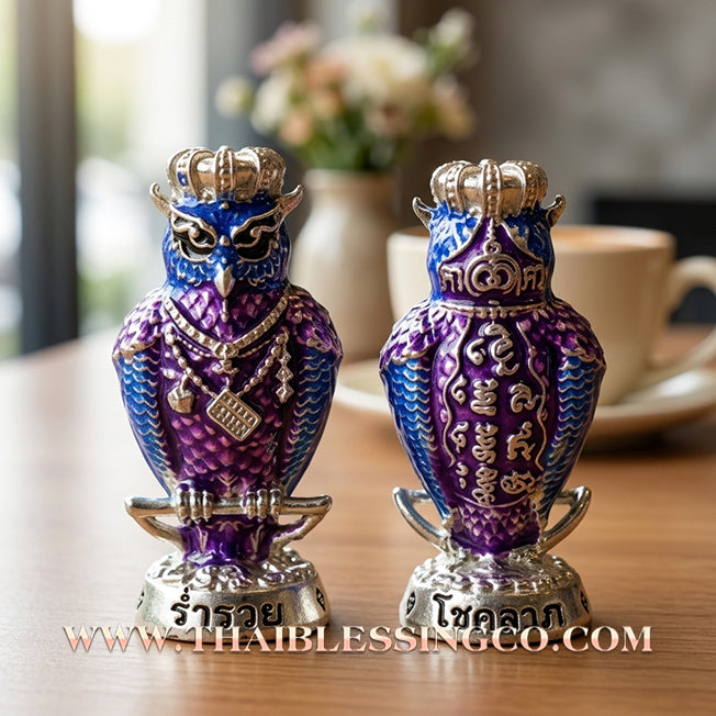 🦉Authentic Thai Amulet 2022: Sovereign "Nok Thueat Thue - Chao Sap Rattikan" (Lord of Nightly Treasures) by Luang Pu Maen, Khao Chan Monastic Office – Premium Silver-Plated Samrit & Enamel Edition