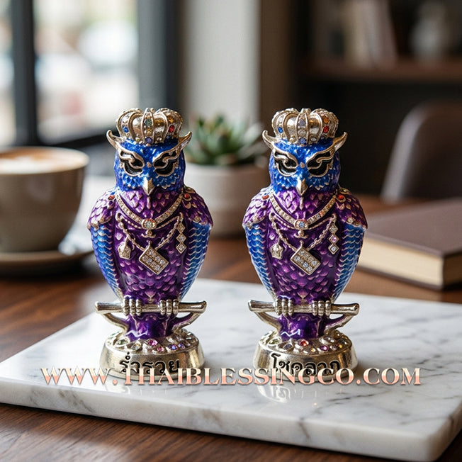🦉Authentic Thai Amulet 2022: Sovereign "Nok Thueat Thue - Chao Sap Rattikan" (Lord of Nightly Treasures) by Luang Pu Maen, Khao Chan Monastic Office – Premium Silver-Plated Samrit & Enamel Edition
