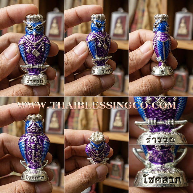 🦉Authentic Thai Amulet 2022: Sovereign "Nok Thueat Thue - Chao Sap Rattikan" (Lord of Nightly Treasures) by Luang Pu Maen, Khao Chan Monastic Office – Premium Silver-Plated Samrit & Enamel Edition