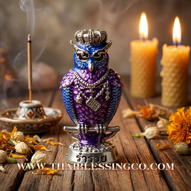 🦉Authentic Thai Amulet 2022: Sovereign "Nok Thueat Thue - Chao Sap Rattikan" (Lord of Nightly Treasures) by Luang Pu Maen, Khao Chan Monastic Office – Premium Silver-Plated Samrit & Enamel Edition