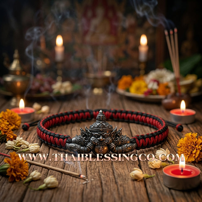 🌟 ✨ Authentic Thai Amulet 2022: Sovereign "Phra Rahu Nun Duang Setthee" (Millionaire Destiny Booster) Bracelet – Sacred Blackened Samrit & Red Moon Edition by Ajarn Plien Hatyanon