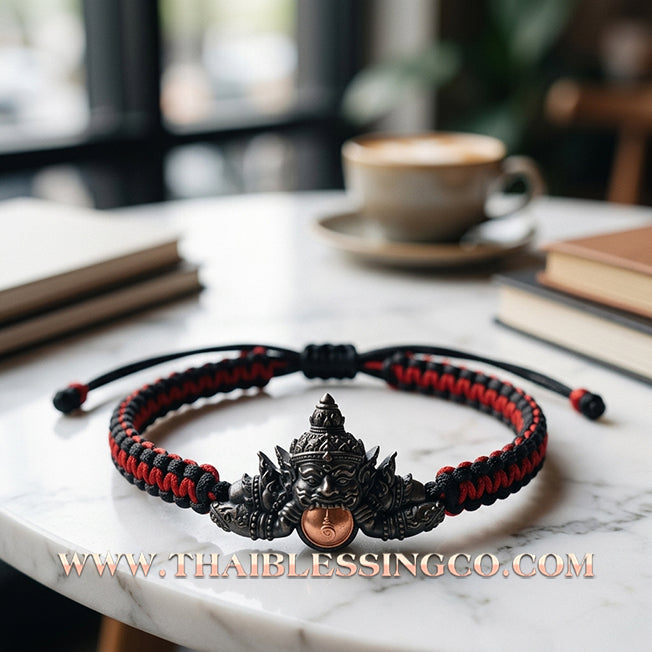 🌟 ✨ Authentic Thai Amulet 2022: Sovereign "Phra Rahu Nun Duang Setthee" (Millionaire Destiny Booster) Bracelet – Sacred Blackened Samrit & Red Moon Edition by Ajarn Plien Hatyanon