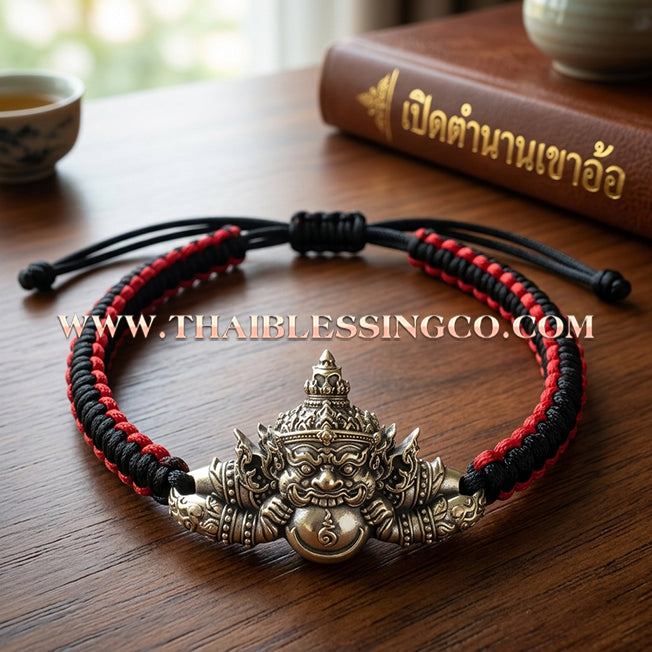 🌟 ✨ Authentic Thai Amulet 2022: Sovereign "Phra Rahu Nun Duang Setthee" (Millionaire Destiny Booster) Bracelet by Ajarn Plien Hatyanon – Antique Satin White Gold Samrit Edition on Sacred Black & Red Cord