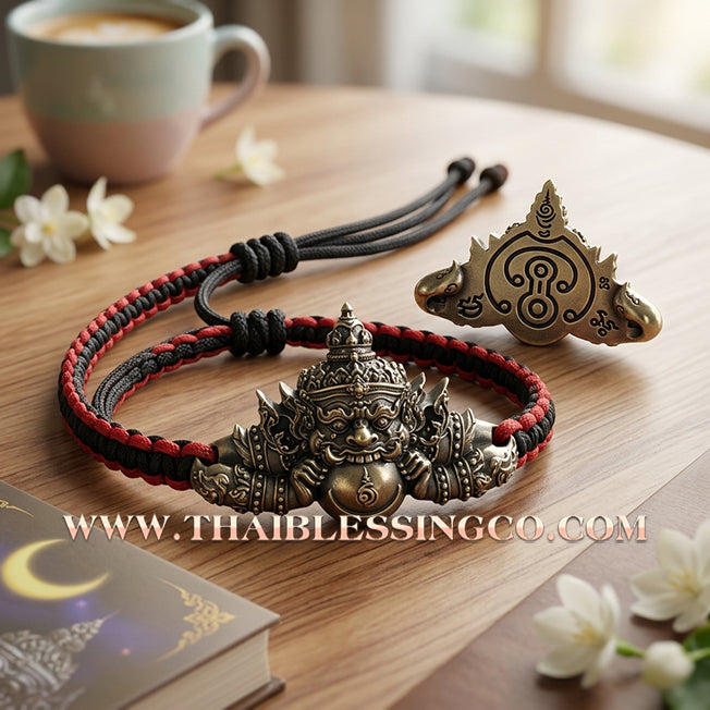 🌟 ✨ Authentic Thai Amulet 2022: Sovereign "Phra Rahu Nun Duang Setthee" (Millionaire Destiny Booster) Bracelet by Ajarn Plien Hatyanon – Antique Satin White Gold Samrit Edition on Sacred Black & Red Cord