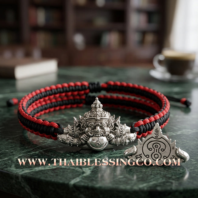🌟 ✨ Authentic Thai Amulet 2022: Sovereign "Phra Rahu Nun Duang Setthee" (Millionaire Destiny Booster) Bracelet by Ajarn Plien Hatyanon – Antique Satin White Gold Samrit Edition on Sacred Black & Red Cord