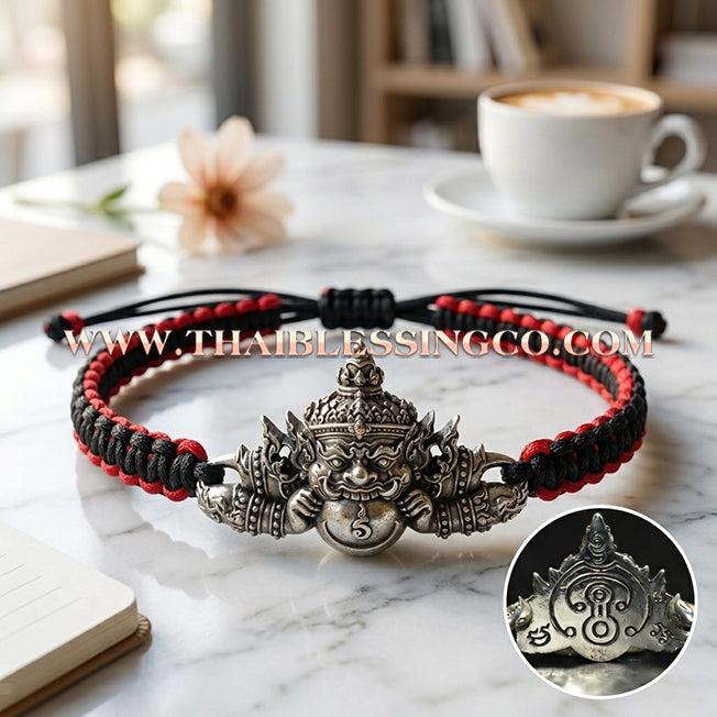 🌟 ✨ Authentic Thai Amulet 2022: Sovereign "Phra Rahu Nun Duang Setthee" (Millionaire Destiny Booster) Bracelet by Ajarn Plien Hatyanon – Antique Satin White Gold Samrit Edition on Sacred Black & Red Cord