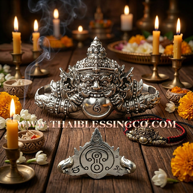 🌟 ✨ Authentic Thai Amulet 2022: Sovereign "Phra Rahu Nun Duang Setthee" (Millionaire Destiny Booster) Bracelet by Ajarn Plien Hatyanon – Antique Satin White Gold Samrit Edition on Sacred Black & Red Cord