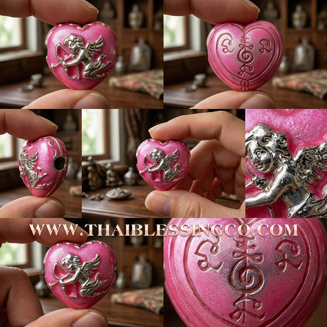 💘 Authentic Thai Amulet 2023: Sovereign "Cupid’s Heart of Divine Love" by Kruba Baeng Wat Ban Tanod – Premium Pink Enamel & Silver Plated Samrit Edition for Extreme Attraction, Soulmate Manifestation, and Na Ok Taek Enchantment Talisman