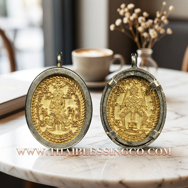👹Authentic Thai Amulet 2023: Sovereign "Thao Wessuwan Muen Mon" (The Lord of Ten Thousand Spells) by Phra Khru Kae, Wat Dong Mae Nang Mueang – Sacred Thong Talai Edition in Traditional Aluminum Casing