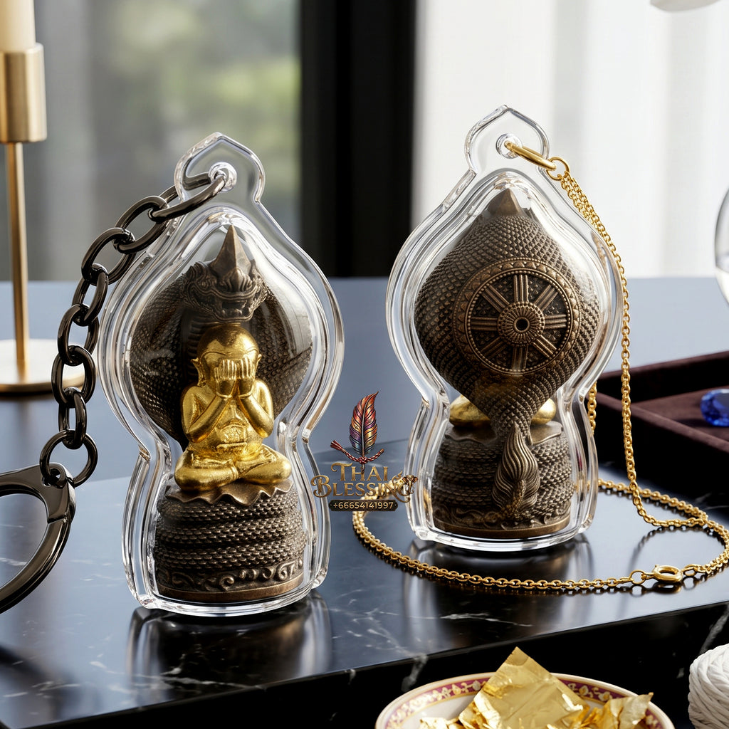 ✨👑🐍 Authentic Thai Amulet Sovereign Black Naga King Node - Luang Pu Maha Sila Gold-Plated Bell Bronze Phra Pidta, 2024 Milestone Asset