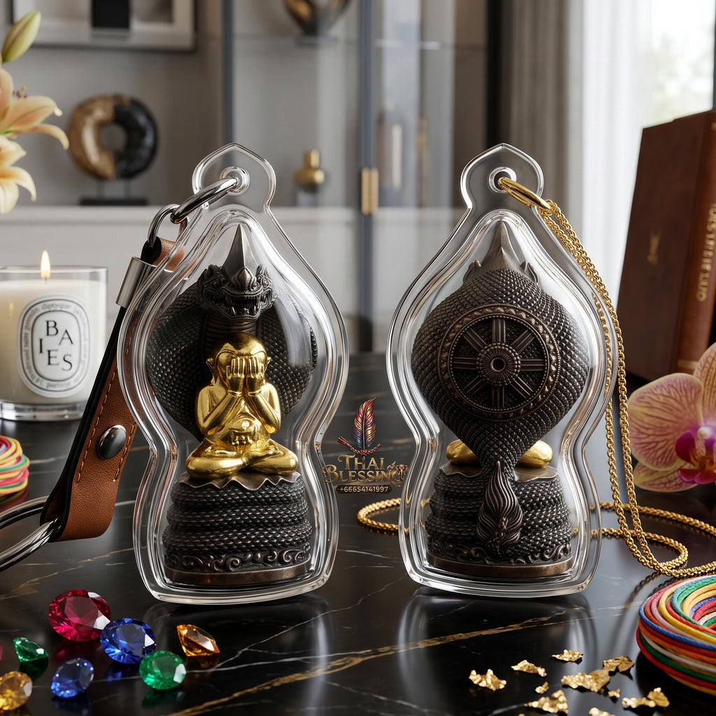 ✨👑🐍 Authentic Thai Amulet Sovereign Black Naga King Node - Luang Pu Maha Sila Gold-Plated Bell Bronze Phra Pidta, 2024 Milestone Asset