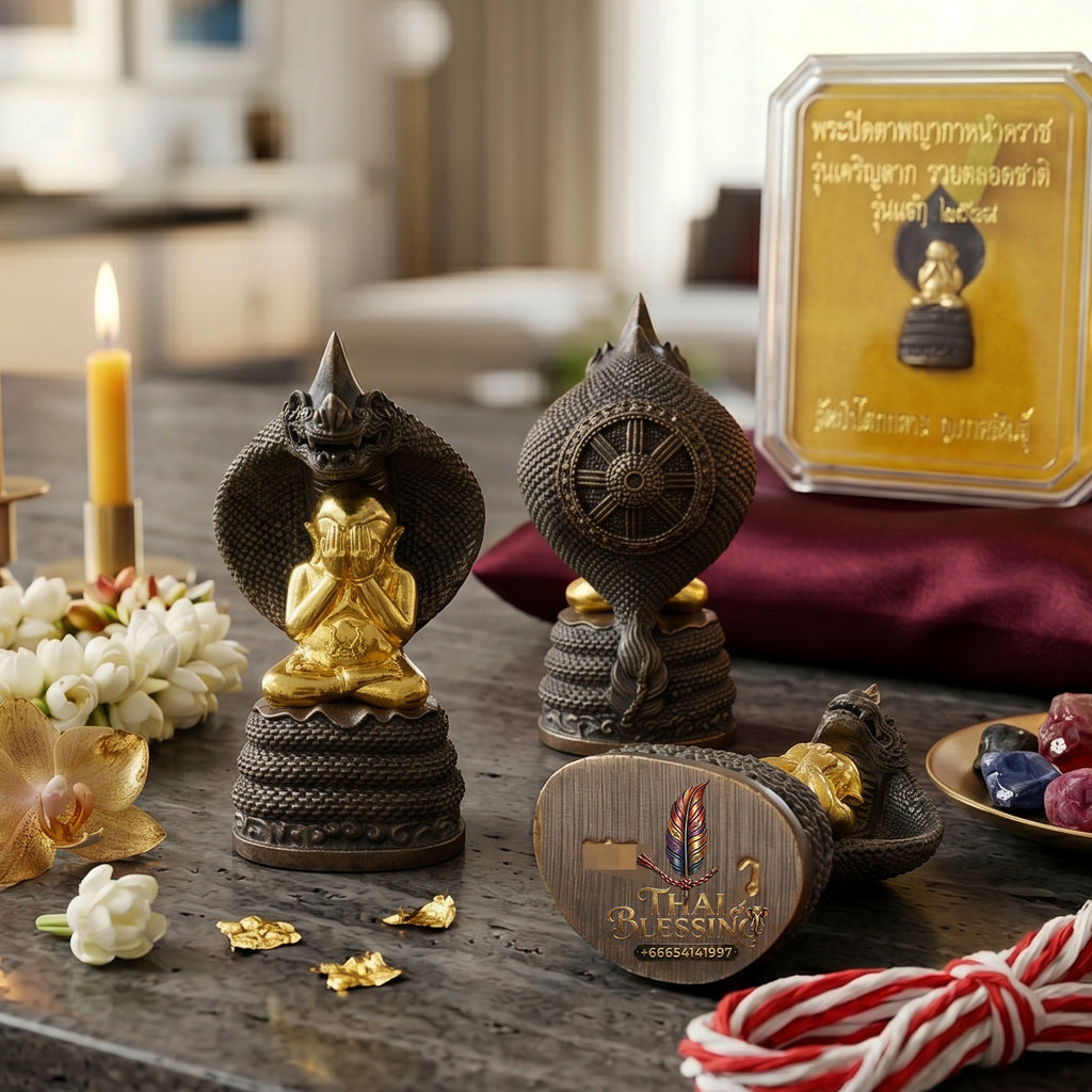 ✨👑🐍 Authentic Thai Amulet Sovereign Black Naga King Node - Luang Pu Maha Sila Gold-Plated Bell Bronze Phra Pidta, 2024 Milestone Asset