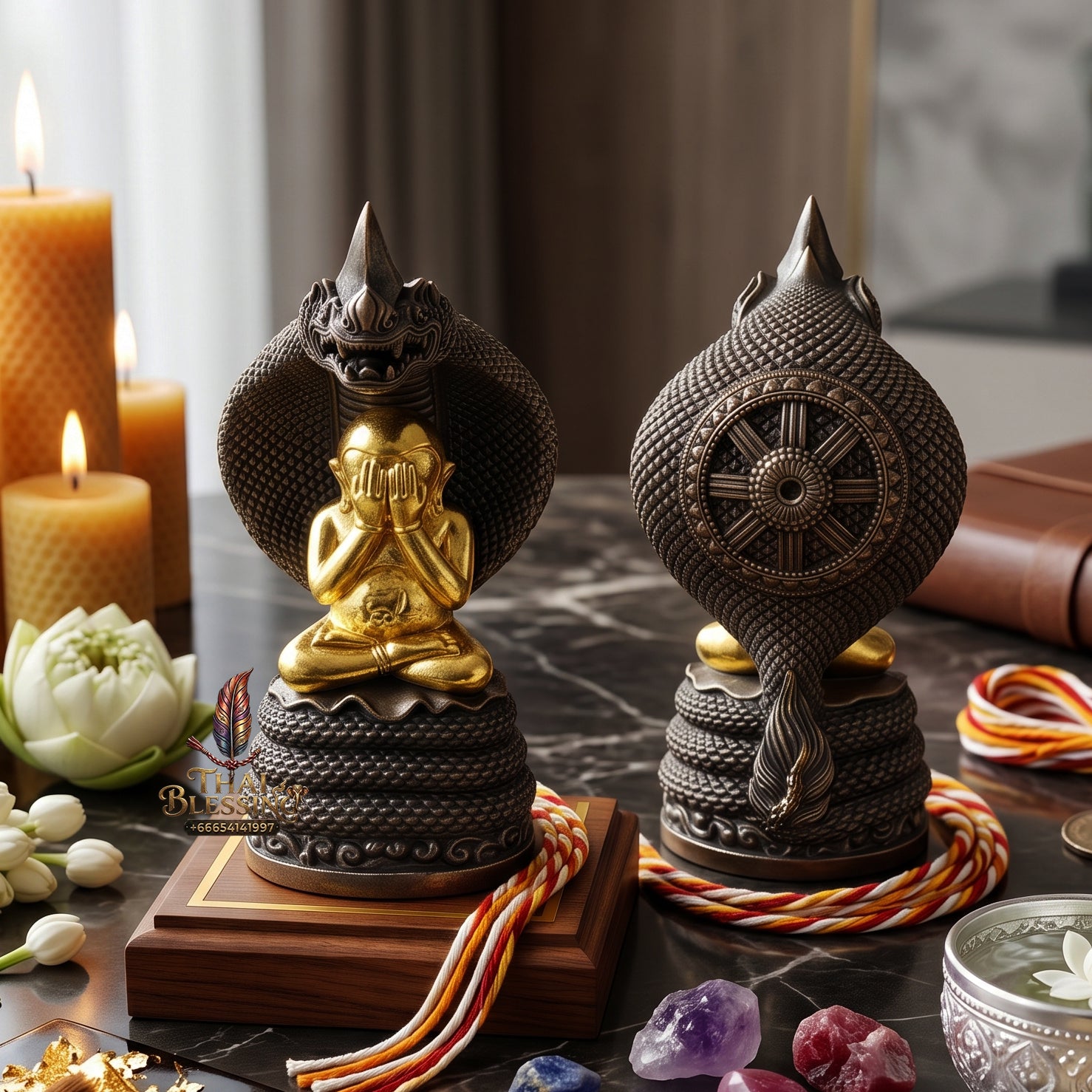 ✨👑🐍 Authentic Thai Amulet Sovereign Black Naga King Node - Luang Pu Maha Sila Gold-Plated Bell Bronze Phra Pidta, 2024 Milestone Asset