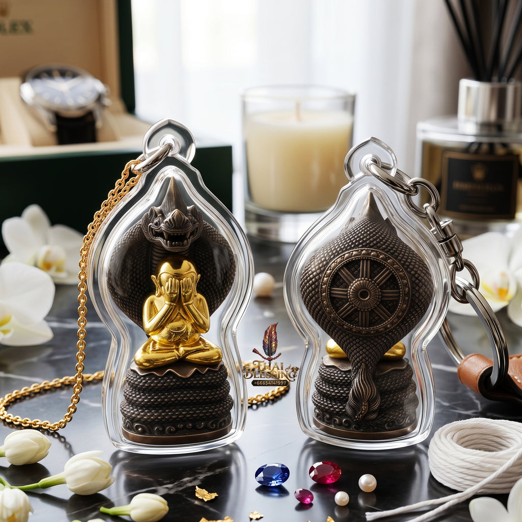 ✨👑🐍 Authentic Thai Amulet Sovereign Black Naga King Node - Luang Pu Maha Sila Gold-Plated Bell Bronze Phra Pidta, 2024 Milestone Asset