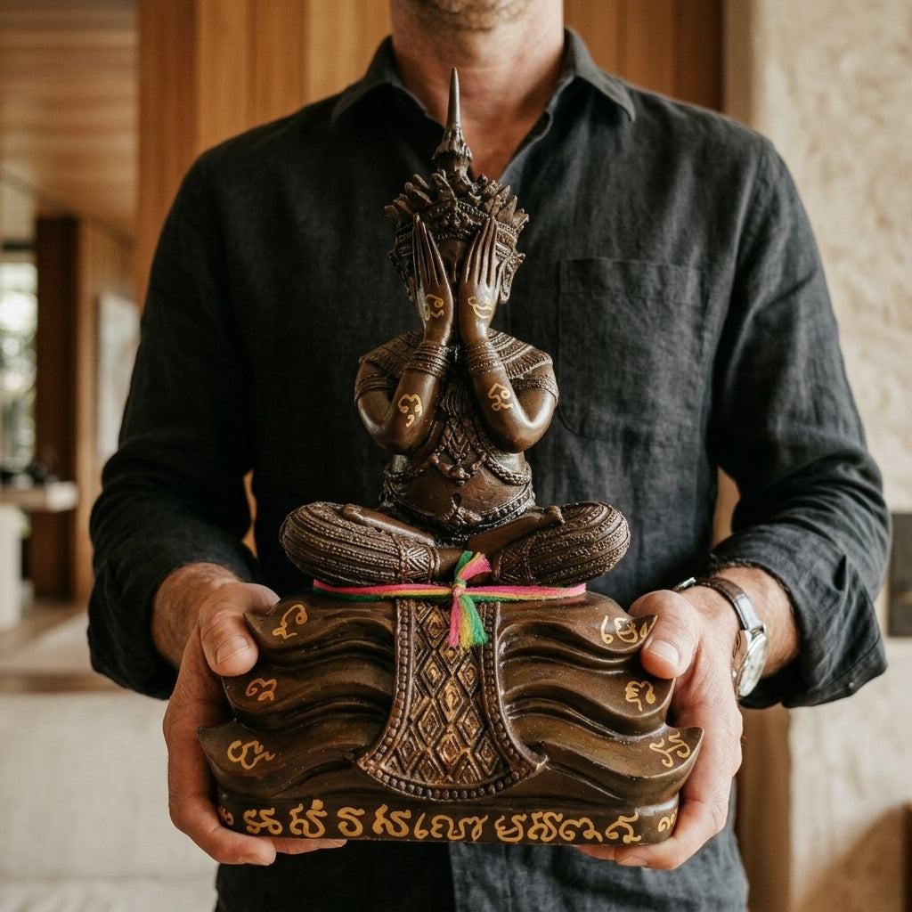 Authentic Thai Bucha Statue "Phra Pidta Nora Wearing Nora Crown (Song Therit)" Consecrated at Wat Khao Or, Phatthalung - Size Width 5 Inches, Height 8 Inches, Southern Lineage Masterwork for Ultimate Protection, Wealth & Metta