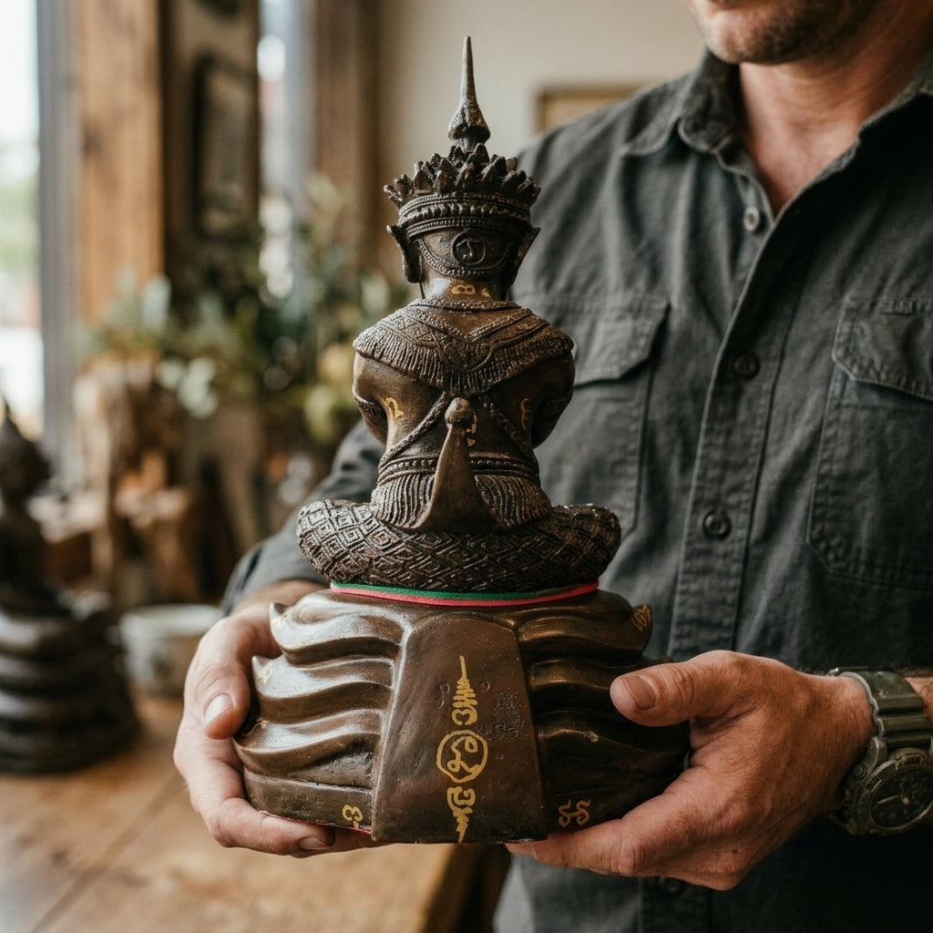 Authentic Thai Bucha Statue "Phra Pidta Nora Wearing Nora Crown (Song Therit)" Consecrated at Wat Khao Or, Phatthalung - Size Width 5 Inches, Height 8 Inches, Southern Lineage Masterwork for Ultimate Protection, Wealth & Metta