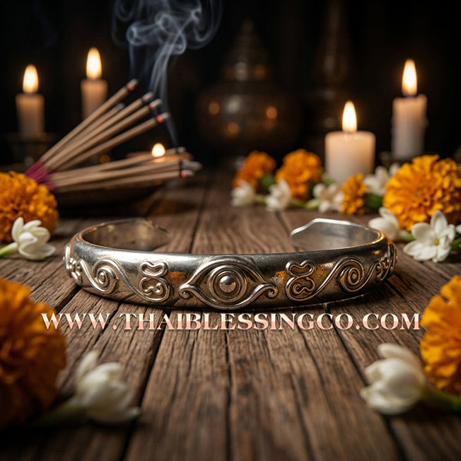 🪙Authentic Thai Sacred Bangle 2025: Sovereign "Si Hu Ha Ta - Bangkoet Sap" (Manifesting Wealth) – Pure Silver Wai Kru '68 Edition