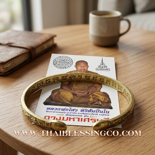 🌟 ✨ Authentic Thai Sacred Bangle: Sovereign "Rich, Rich, Rich" (Ruay Ruay Ruay) Edition by Luang Phor Sawai, Wat Prasat Phanom Rung – Gold-Plated Alpaca Edition