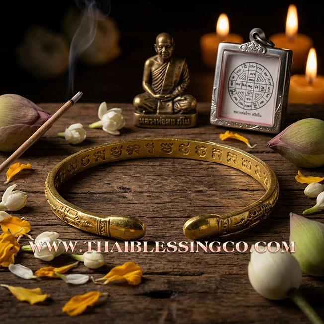 🌟 ✨ Authentic Thai Sacred Bangle: Sovereign "Rich, Rich, Rich" (Ruay Ruay Ruay) Edition by Luang Phor Sawai, Wat Prasat Phanom Rung – Gold-Plated Alpaca Edition