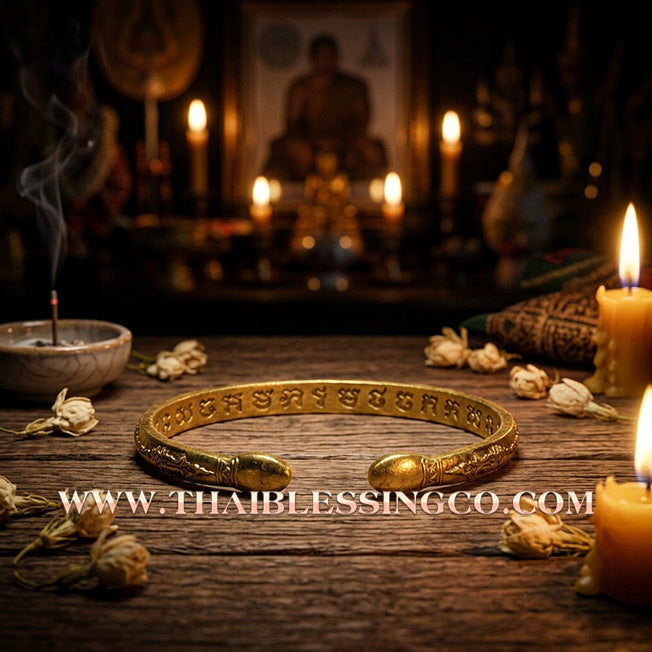 🌟 ✨ Authentic Thai Sacred Bangle: Sovereign "Rich, Rich, Rich" (Ruay Ruay Ruay) Edition by Luang Phor Sawai, Wat Prasat Phanom Rung – Gold-Plated Alpaca Edition