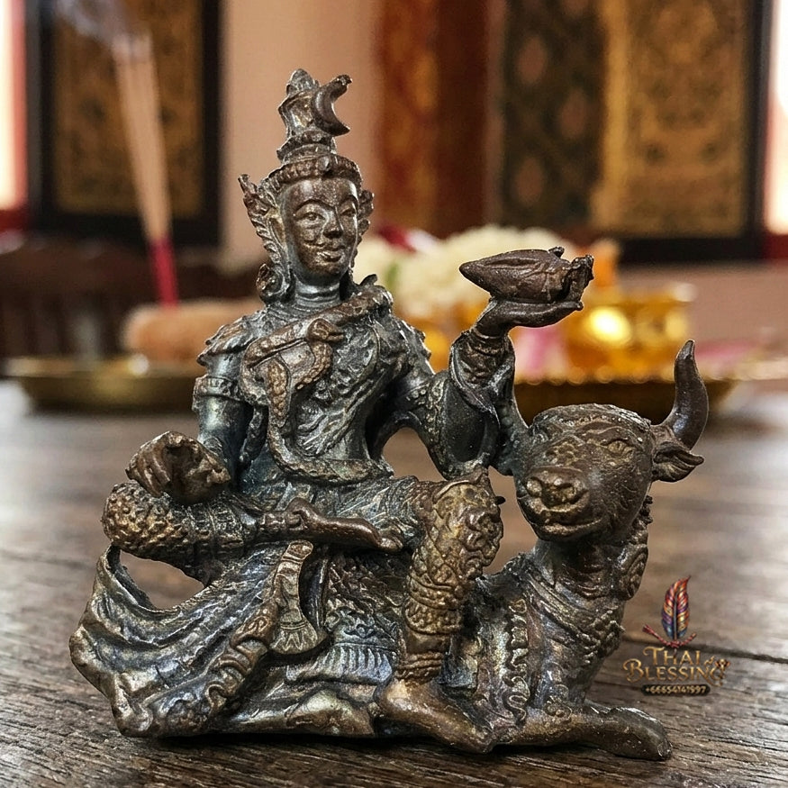 Authentic Thai Sacred Phra Shiva Mahathep Song Kho (Lord Shiva Riding Nandi Bull Statue) for Supreme Authority, Black Magic Shield, Destruction of Obstacles & Infinite Wealth