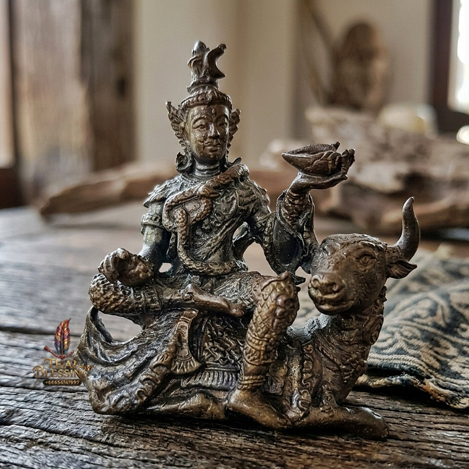 Authentic Thai Sacred Phra Shiva Mahathep Song Kho (Lord Shiva Riding Nandi Bull Statue) for Supreme Authority, Black Magic Shield, Destruction of Obstacles & Infinite Wealth