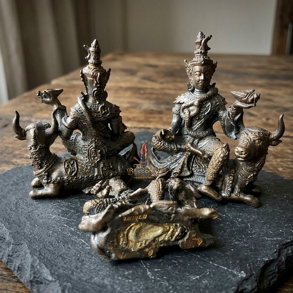 Authentic Thai Sacred Phra Shiva Mahathep Song Kho (Lord Shiva Riding Nandi Bull Statue) for Supreme Authority, Black Magic Shield, Destruction of Obstacles & Infinite Wealth