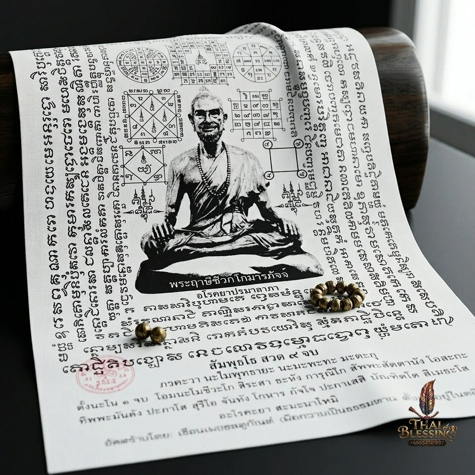 Authentic Thai Sacred Yantra Cloth "Rishi Jivaka Komarabhacca - Father of Medicine" Consecrated by Ruen Phra Phetchalukan Pichaisongkram - Healing, Protection & Longevity Talisman - Dimensions 30x50 cm (12x20 Inches)