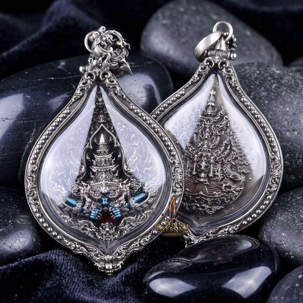 Authentic Thai Fine Art Amulet "Phra Rahu Sovereign Eclipse Medal" - Supreme Destiny Reversal, Bad Luck Swallowing & Extreme Wealth Attraction - Consecrated by LP Phat Wat Huay Duan BE 2565 - White Bronze Enamel in Satin Art Frame & Original Temple Box