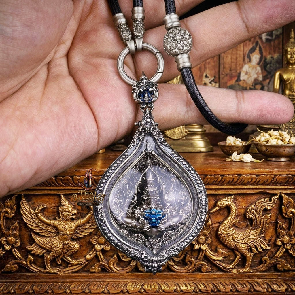Authentic Thai Fine Art Amulet "Phra Rahu Sovereign Eclipse Medal" - Supreme Destiny Reversal, Bad Luck Swallowing & Extreme Wealth Attraction - Consecrated by LP Phat Wat Huay Duan BE 2565 - White Bronze Enamel in Satin Art Frame & Original Temple Box