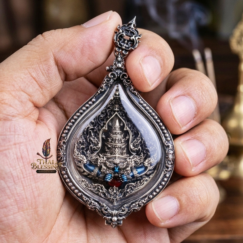 Authentic Thai Fine Art Amulet "Phra Rahu Sovereign Eclipse Medal" - Supreme Destiny Reversal, Bad Luck Swallowing & Extreme Wealth Attraction - Consecrated by LP Phat Wat Huay Duan BE 2565 - White Bronze Enamel in Satin Art Frame & Original Temple Box