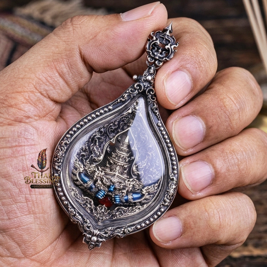 Authentic Thai Fine Art Amulet "Phra Rahu Sovereign Eclipse Medal" - Supreme Destiny Reversal, Bad Luck Swallowing & Extreme Wealth Attraction - Consecrated by LP Phat Wat Huay Duan BE 2565 - White Bronze Enamel in Satin Art Frame & Original Temple Box