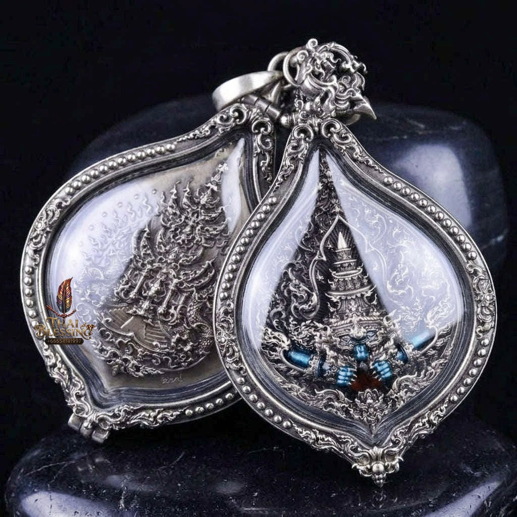 Authentic Thai Fine Art Amulet "Phra Rahu Sovereign Eclipse Medal" - Supreme Destiny Reversal, Bad Luck Swallowing & Extreme Wealth Attraction - Consecrated by LP Phat Wat Huay Duan BE 2565 - White Bronze Enamel in Satin Art Frame & Original Temple Box