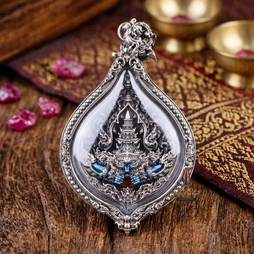 Authentic Thai Fine Art Amulet "Phra Rahu Sovereign Eclipse Medal" - Supreme Destiny Reversal, Bad Luck Swallowing & Extreme Wealth Attraction - Consecrated by LP Phat Wat Huay Duan BE 2565 - White Bronze Enamel in Satin Art Frame & Original Temple Box