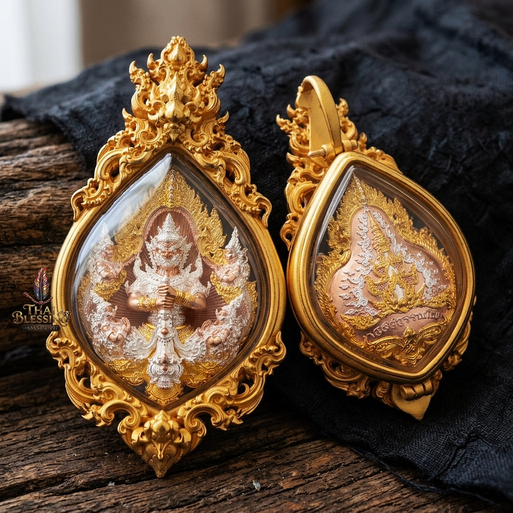 Authentic Thai Fine Art Amulet "Thao Wessuwan Sacred Bronze Medal & Gold-Plated Clasp Necklace Set" Consecrated 2 Times by Luang Pu Yoor & Luang Pho Wichit - Waterproof Framed Size 8x4 cm - Wealth King & Anti-Black Magic Guardian