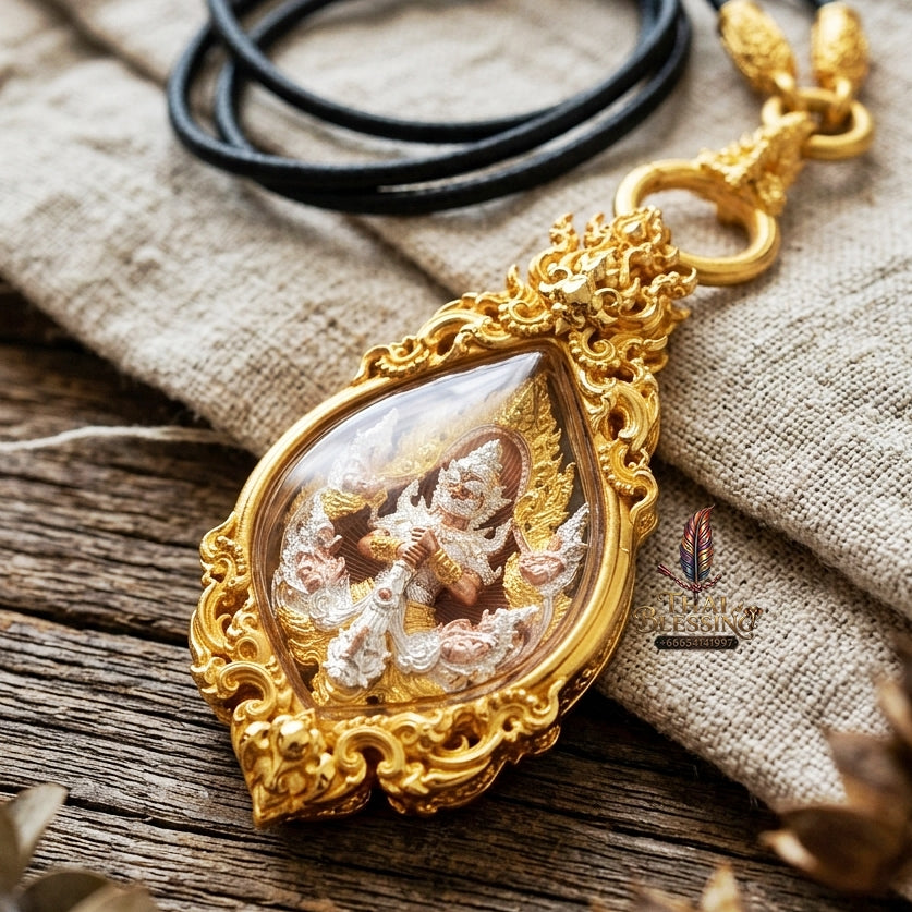 Authentic Thai Fine Art Amulet "Thao Wessuwan Sacred Bronze Medal & Gold-Plated Clasp Necklace Set" Consecrated 2 Times by Luang Pu Yoor & Luang Pho Wichit - Waterproof Framed Size 8x4 cm - Wealth King & Anti-Black Magic Guardian