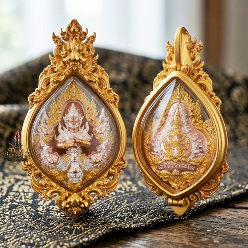 Authentic Thai Fine Art Amulet "Thao Wessuwan Sacred Bronze Medal & Gold-Plated Clasp Necklace Set" Consecrated 2 Times by Luang Pu Yoor & Luang Pho Wichit - Waterproof Framed Size 8x4 cm - Wealth King & Anti-Black Magic Guardian