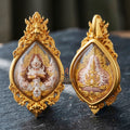 Authentic Thai Fine Art Amulet "Thao Wessuwan Sacred Bronze Medal & Gold-Plated Clasp Necklace Set" Consecrated 2 Times by Luang Pu Yoor & Luang Pho Wichit - Waterproof Framed Size 8x4 cm - Wealth King & Anti-Black Magic Guardian