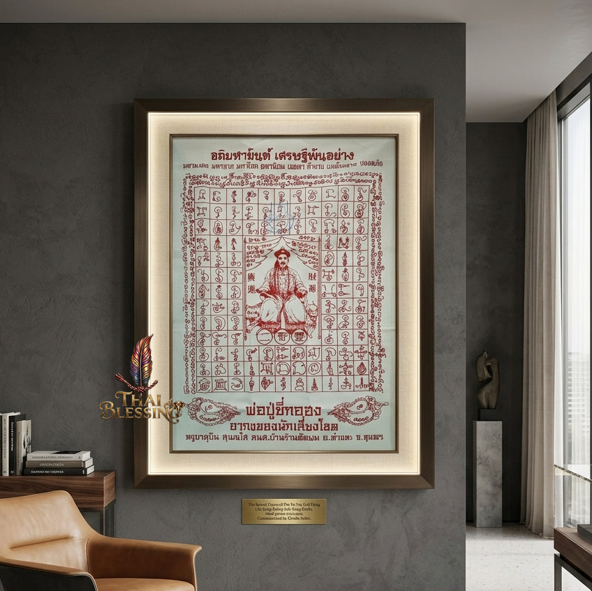 ✨SiamZen™ 2012 Er Ger Hong Thai Amulet Tapestry (Unframed Fabric Only) Strategic Wealth Abundance Resonance, Synchronicity Acceleration & Sovereign Executive Authority Protection Cloth Talisman 14x14" Consecrated by Khru Ba Subin Ban Ran Tat Phom