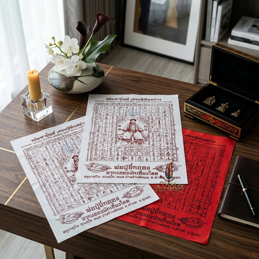 ✨SiamZen™ 2012 Er Ger Hong Thai Amulet Tapestry (Unframed Fabric Only) Strategic Wealth Abundance Resonance, Synchronicity Acceleration & Sovereign Executive Authority Protection Cloth Talisman 14x14" Consecrated by Khru Ba Subin Ban Ran Tat Phom
