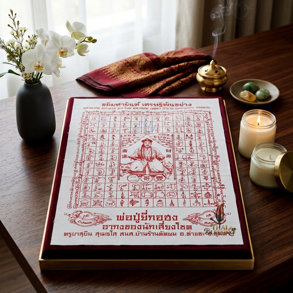 ✨SiamZen™ 2012 Er Ger Hong Thai Amulet Tapestry (Unframed Fabric Only) Strategic Wealth Abundance Resonance, Synchronicity Acceleration & Sovereign Executive Authority Protection Cloth Talisman 14x14" Consecrated by Khru Ba Subin Ban Ran Tat Phom