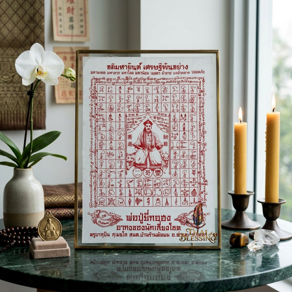 ✨SiamZen™ 2012 Er Ger Hong Thai Amulet Tapestry (Unframed Fabric Only) Strategic Wealth Abundance Resonance, Synchronicity Acceleration & Sovereign Executive Authority Protection Cloth Talisman 14x14" Consecrated by Khru Ba Subin Ban Ran Tat Phom