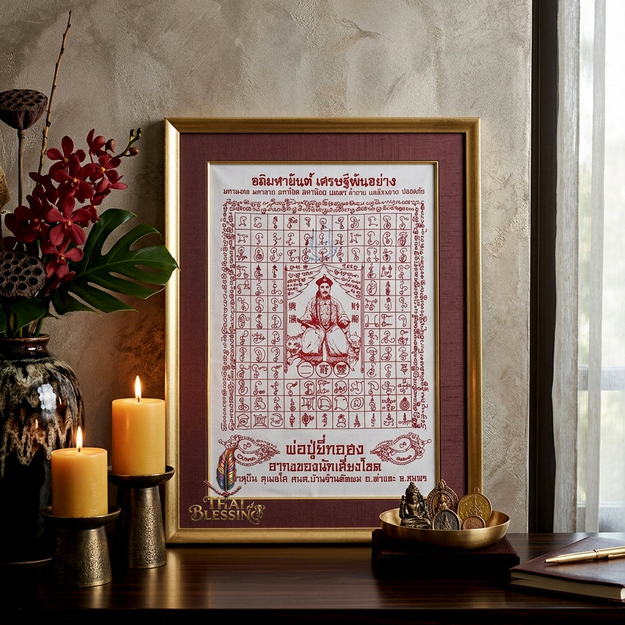 ✨SiamZen™ 2012 Er Ger Hong Thai Amulet Tapestry (Unframed Fabric Only) Strategic Wealth Abundance Resonance, Synchronicity Acceleration & Sovereign Executive Authority Protection Cloth Talisman 14x14" Consecrated by Khru Ba Subin Ban Ran Tat Phom