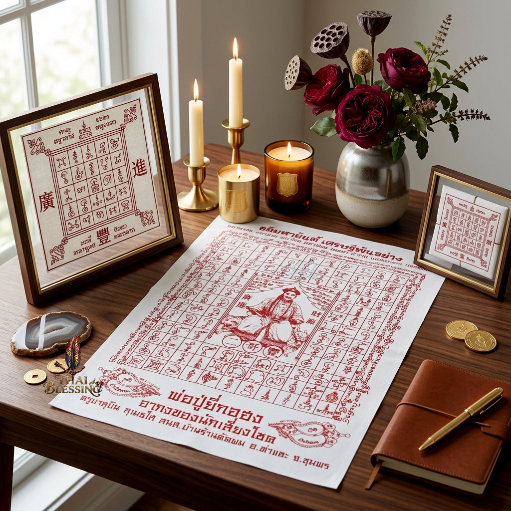✨SiamZen™ 2012 Er Ger Hong Thai Amulet Tapestry (Unframed Fabric Only) Strategic Wealth Abundance Resonance, Synchronicity Acceleration & Sovereign Executive Authority Protection Cloth Talisman 14x14" Consecrated by Khru Ba Subin Ban Ran Tat Phom