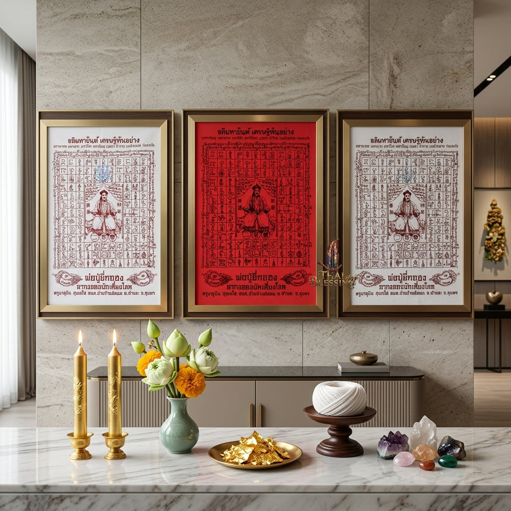 ✨SiamZen™ 2012 Er Ger Hong Thai Amulet Tapestry (Unframed Fabric Only) Strategic Wealth Abundance Resonance, Synchronicity Acceleration & Sovereign Executive Authority Protection Cloth Talisman 14x14" Consecrated by Khru Ba Subin Ban Ran Tat Phom