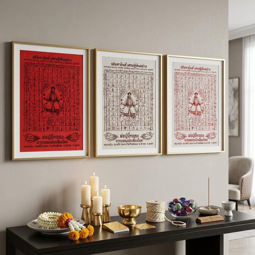 ✨SiamZen™ 2012 Er Ger Hong Thai Amulet Tapestry (Unframed Fabric Only) Strategic Wealth Abundance Resonance, Synchronicity Acceleration & Sovereign Executive Authority Protection Cloth Talisman 14x14" Consecrated by Khru Ba Subin Ban Ran Tat Phom