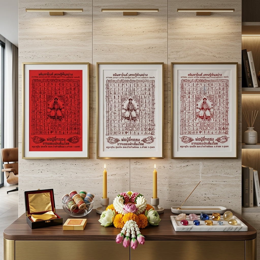 ✨SiamZen™ 2012 Er Ger Hong Thai Amulet Tapestry (Unframed Fabric Only) Strategic Wealth Abundance Resonance, Synchronicity Acceleration & Sovereign Executive Authority Protection Cloth Talisman 14x14" Consecrated by Khru Ba Subin Ban Ran Tat Phom