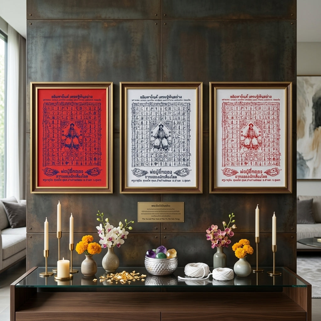 ✨SiamZen™ 2012 Er Ger Hong Thai Amulet Tapestry (Unframed Fabric Only) Strategic Wealth Abundance Resonance, Synchronicity Acceleration & Sovereign Executive Authority Protection Cloth Talisman 14x14" Consecrated by Khru Ba Subin Ban Ran Tat Phom