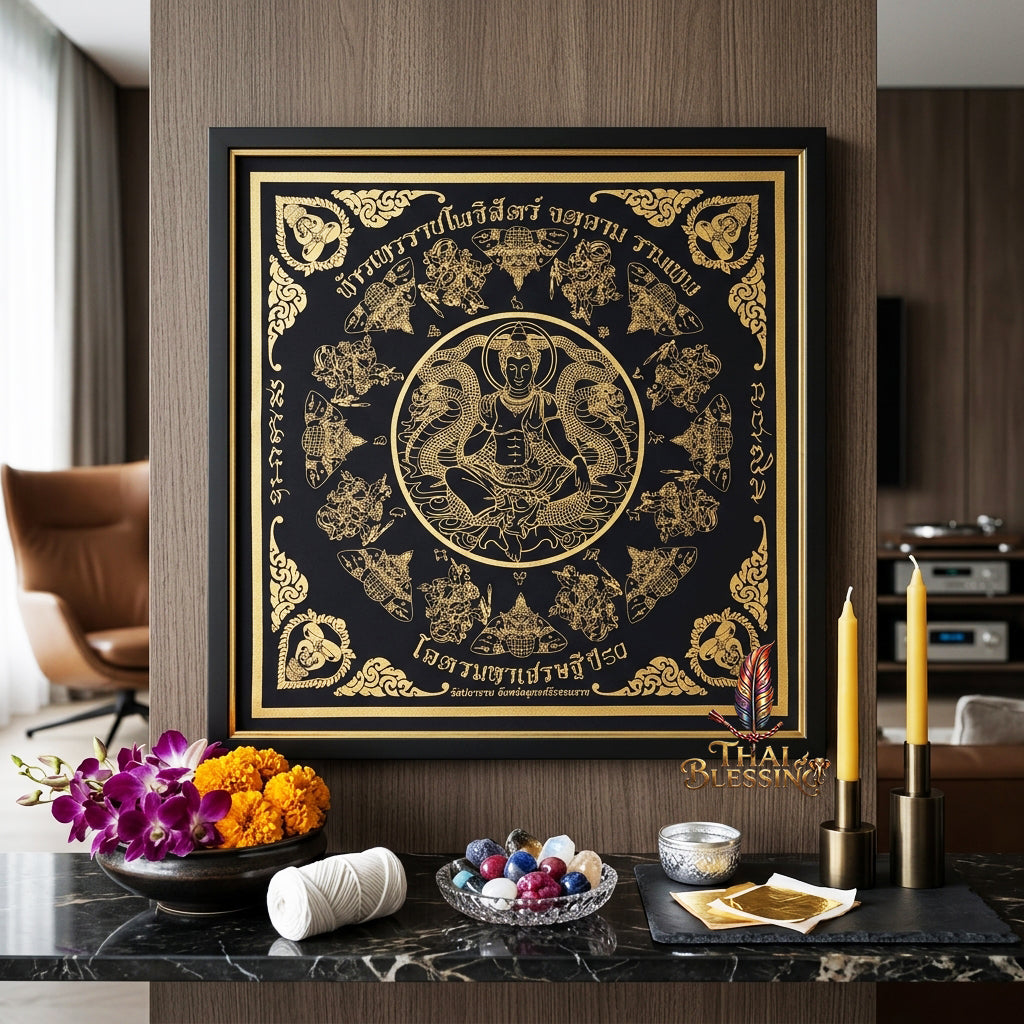 ✨🏛️ Jatukam Ramathep Sacred Yantra Cloth - 2007 Khot Maha Sethi Billionaire Edition, 8-Phase Consecrated Thai Talisman, Ultimate Protection Wealth Spiritual Wall Art