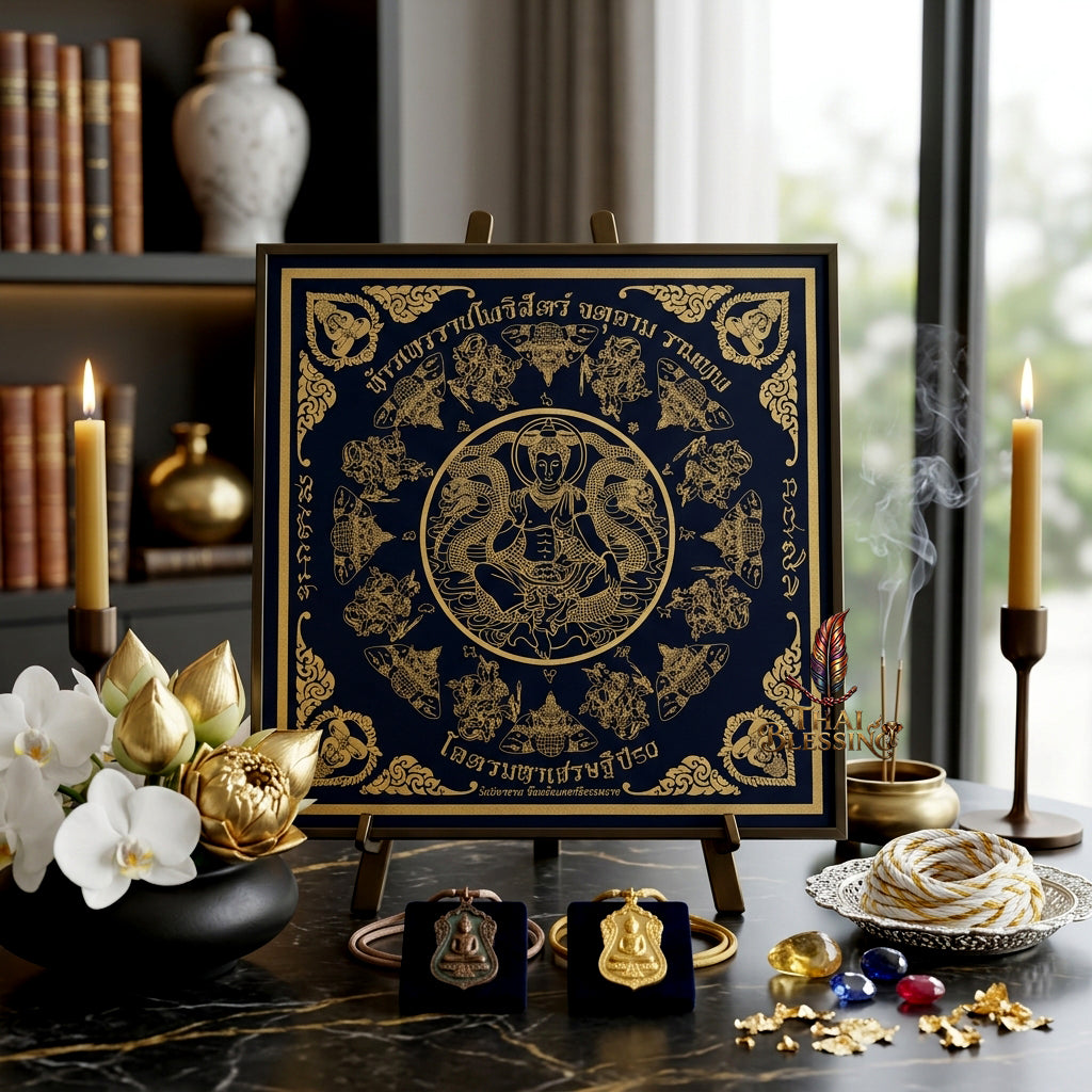 ✨🏛️ Jatukam Ramathep Sacred Yantra Cloth - 2007 Khot Maha Sethi Billionaire Edition, 8-Phase Consecrated Thai Talisman, Ultimate Protection Wealth Spiritual Wall Art
